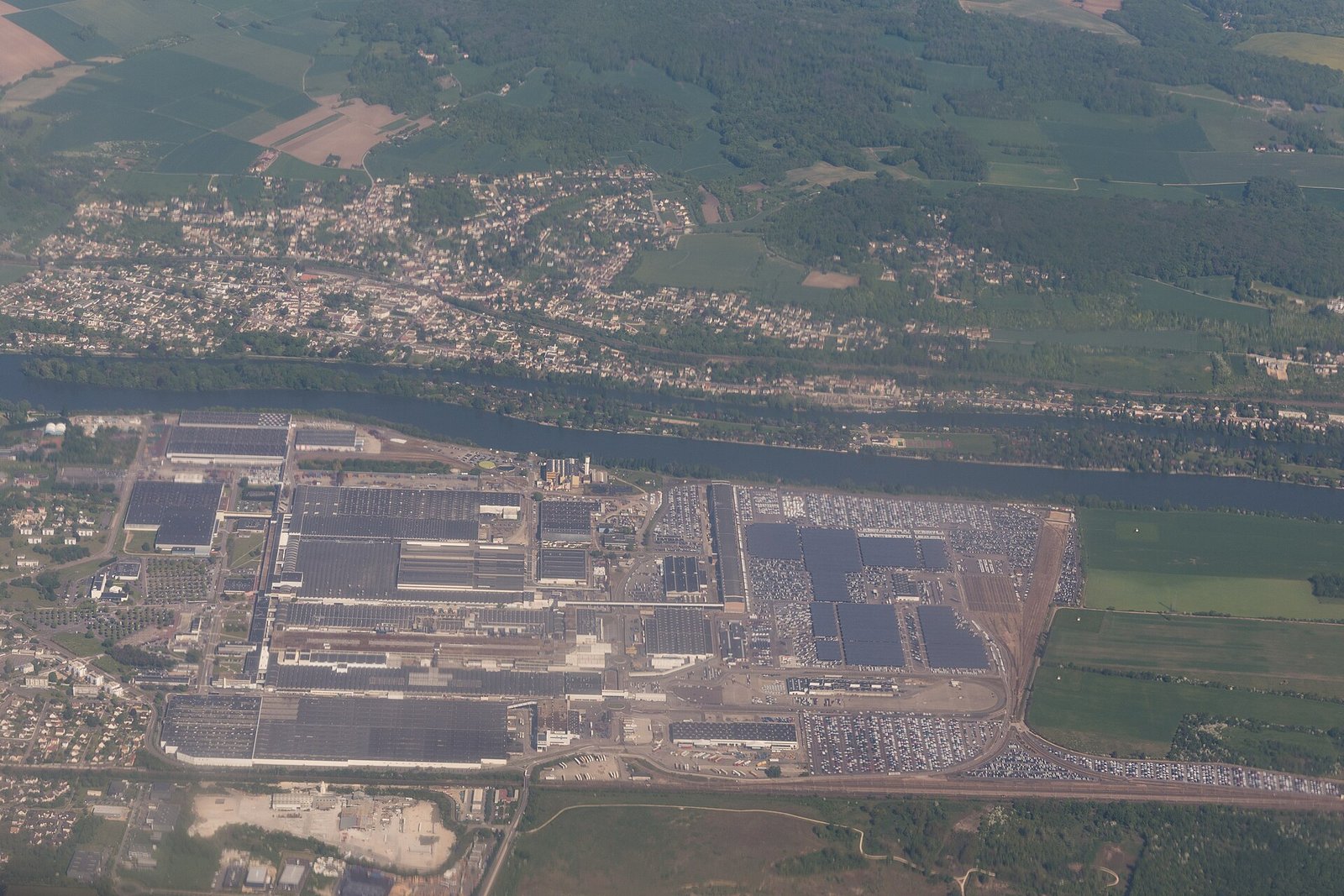 Aerial view of the Renault car plant at Flins-sur-Seine
