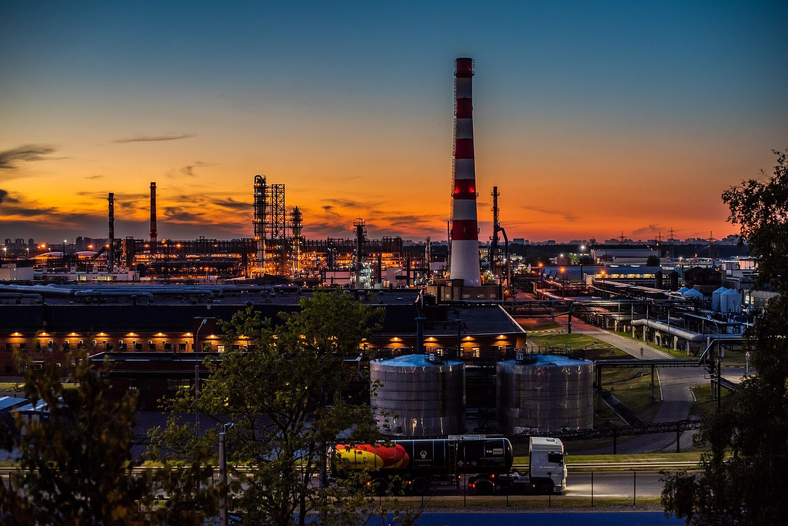 View of the Moscow oil refinery with distillation columns and storage tanks