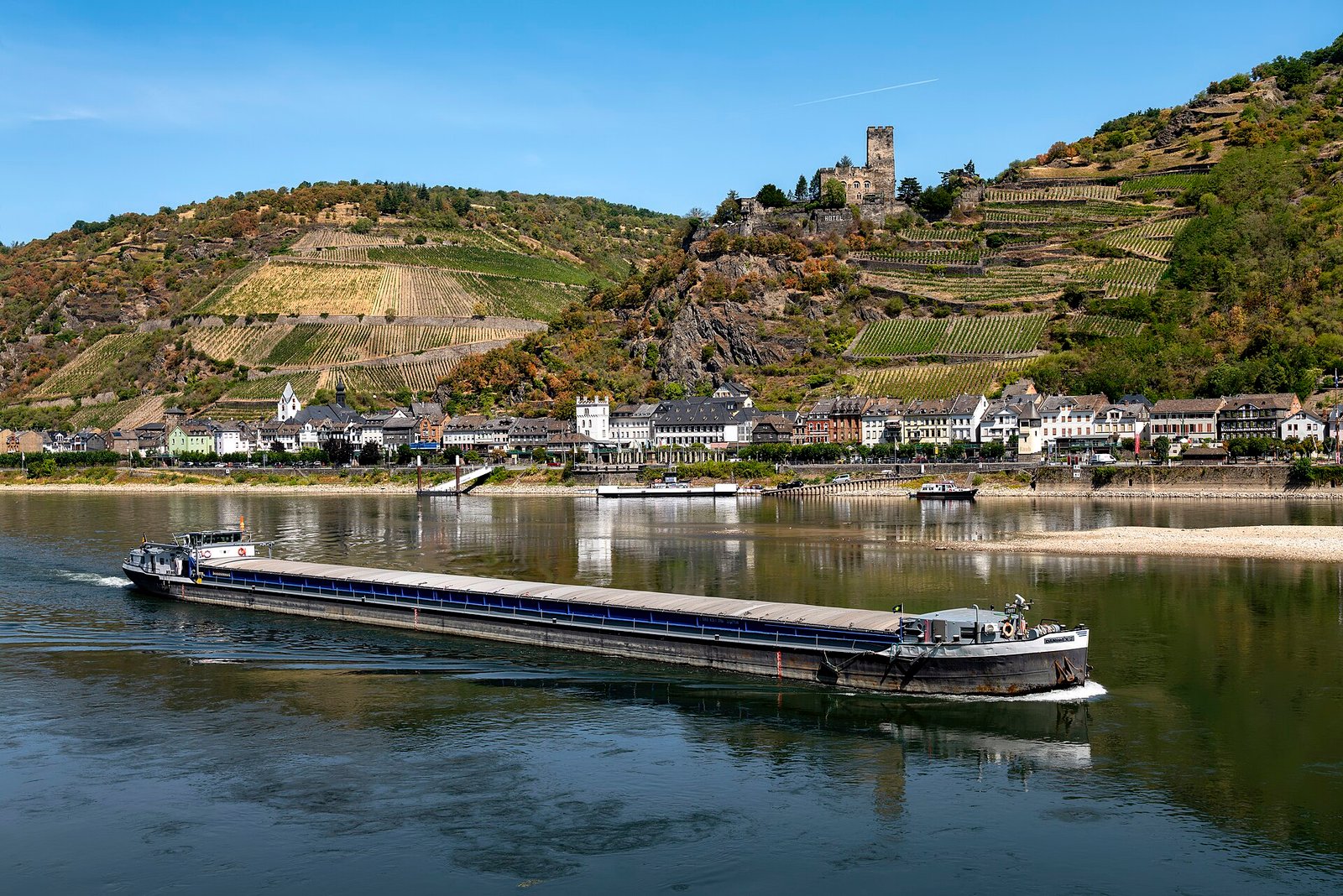 Cargo ship on the Rhine at very low water near Kaub, 2026